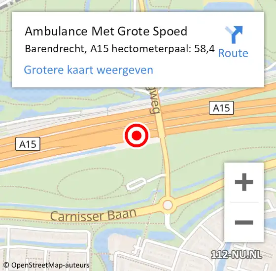Locatie op kaart van de 112 melding: Ambulance Met Grote Spoed Naar Barendrecht, A15 hectometerpaal: 58,4 op 12 juni 2022 03:33
