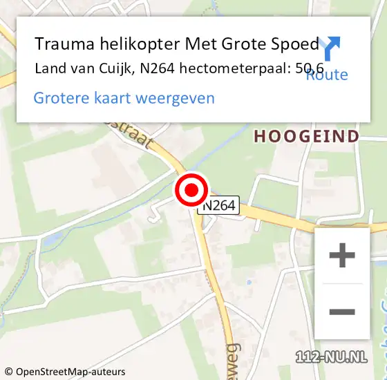 Locatie op kaart van de 112 melding: Trauma helikopter Met Grote Spoed Naar Land van Cuijk, N264 hectometerpaal: 50,6 op 12 juni 2022 04:17