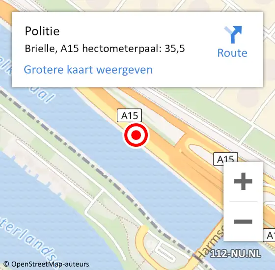 Locatie op kaart van de 112 melding: Politie Brielle, A15 hectometerpaal: 35,5 op 12 juni 2022 04:20