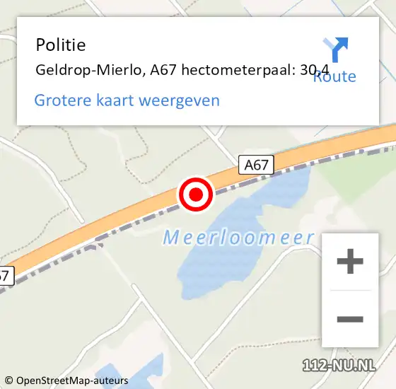 Locatie op kaart van de 112 melding: Politie Geldrop-Mierlo, A67 hectometerpaal: 30,4 op 12 juni 2022 04:39