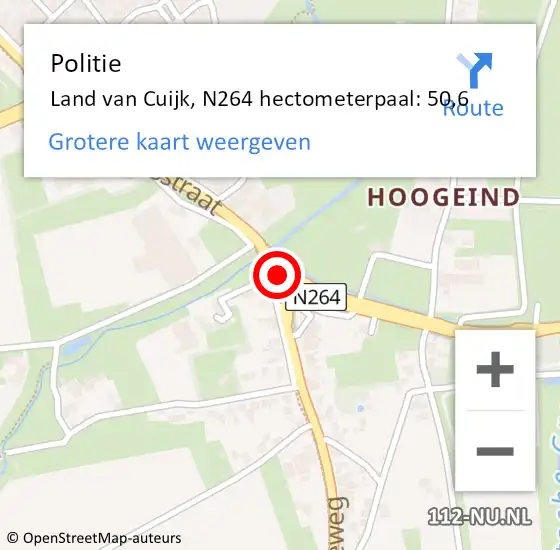 Locatie op kaart van de 112 melding: Politie Land van Cuijk, N264 hectometerpaal: 50,6 op 12 juni 2022 04:56