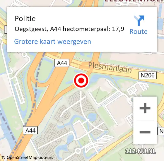 Locatie op kaart van de 112 melding: Politie Oegstgeest, A44 hectometerpaal: 17,9 op 12 juni 2022 04:59