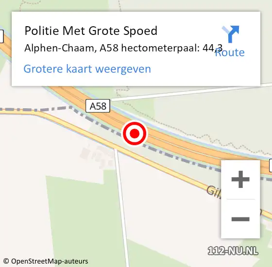 Locatie op kaart van de 112 melding: Politie Met Grote Spoed Naar Alphen-Chaam, A58 hectometerpaal: 44,3 op 12 juni 2022 05:28