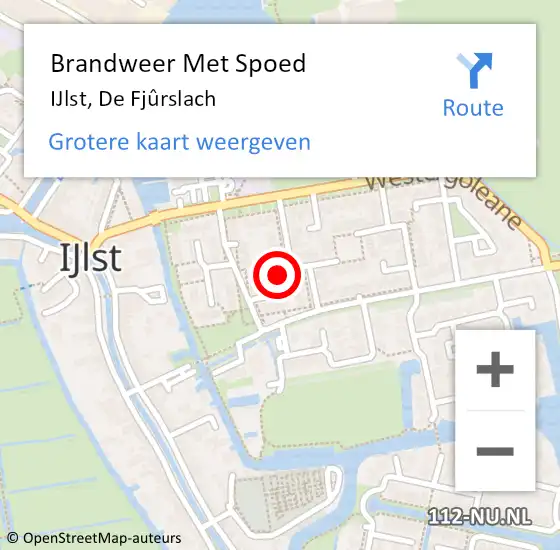 Locatie op kaart van de 112 melding: Brandweer Met Spoed Naar IJlst, De Fjûrslach op 12 juni 2022 08:39