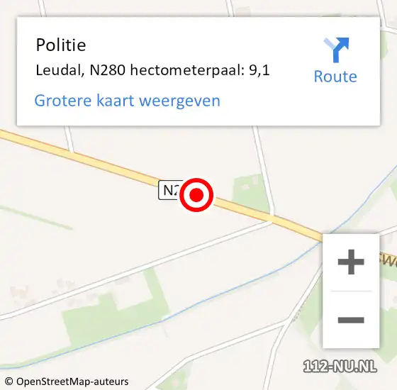 Locatie op kaart van de 112 melding: Politie Leudal, N280 hectometerpaal: 9,1 op 12 juni 2022 08:50