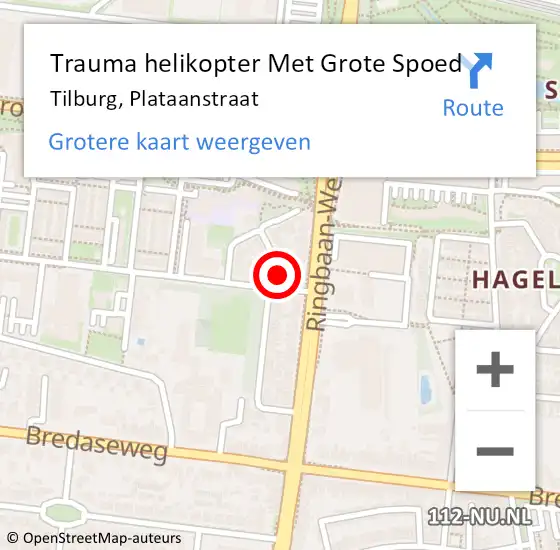 Locatie op kaart van de 112 melding: Trauma helikopter Met Grote Spoed Naar Tilburg, Plataanstraat op 12 juni 2022 09:21