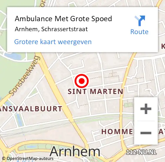 Locatie op kaart van de 112 melding: Ambulance Met Grote Spoed Naar Arnhem, Schrassertstraat op 12 juni 2022 09:30