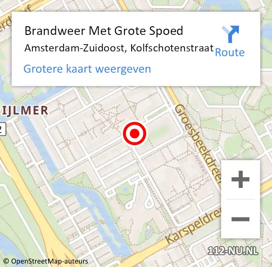 Locatie op kaart van de 112 melding: Brandweer Met Grote Spoed Naar Amsterdam-Zuidoost, Kolfschotenstraat op 12 juni 2022 10:52