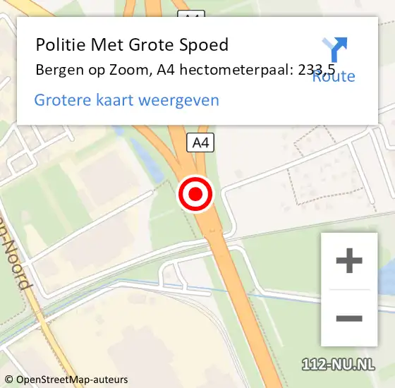 Locatie op kaart van de 112 melding: Politie Met Grote Spoed Naar Bergen op Zoom, A4 hectometerpaal: 233,5 op 12 juni 2022 10:54