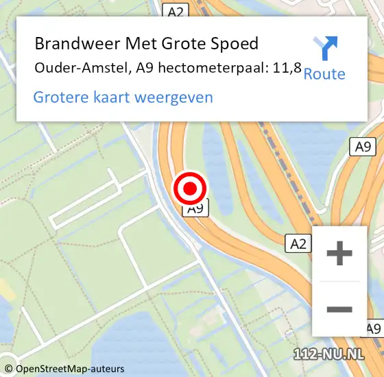 Locatie op kaart van de 112 melding: Brandweer Met Grote Spoed Naar Ouder-Amstel, A9 hectometerpaal: 11,8 op 12 juni 2022 11:46