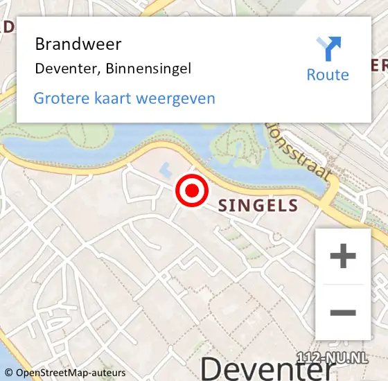 Locatie op kaart van de 112 melding: Brandweer Deventer, Binnensingel op 12 juni 2022 14:38