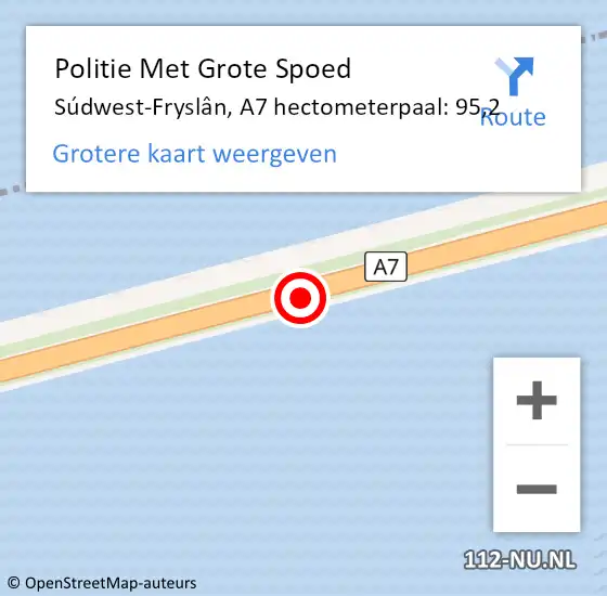 Locatie op kaart van de 112 melding: Politie Met Grote Spoed Naar Súdwest-Fryslân, A7 hectometerpaal: 95,2 op 12 juni 2022 16:19