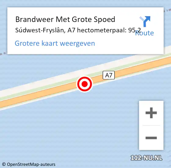 Locatie op kaart van de 112 melding: Brandweer Met Grote Spoed Naar Súdwest-Fryslân, A7 hectometerpaal: 95,2 op 12 juni 2022 16:23