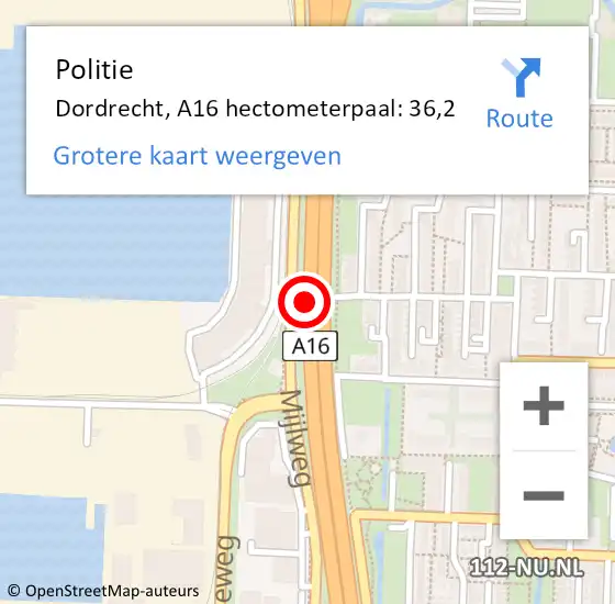 Locatie op kaart van de 112 melding: Politie Dordrecht, A16 hectometerpaal: 36,2 op 12 juni 2022 16:28