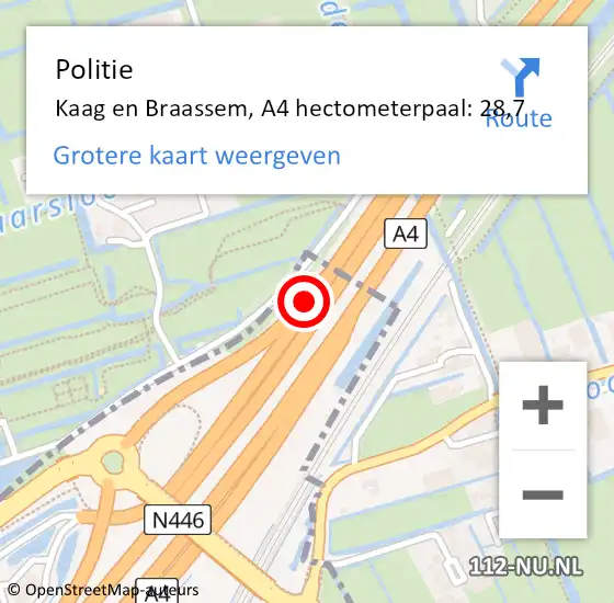 Locatie op kaart van de 112 melding: Politie Kaag en Braassem, A4 hectometerpaal: 28,7 op 12 juni 2022 17:11