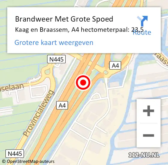 Locatie op kaart van de 112 melding: Brandweer Met Grote Spoed Naar Kaag en Braassem, A4 hectometerpaal: 23,5 op 12 juni 2022 17:50