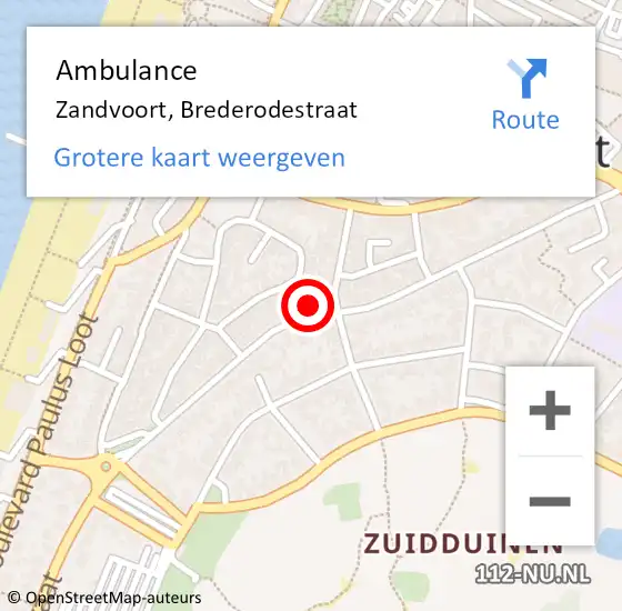 Locatie op kaart van de 112 melding: Ambulance Zandvoort, Brederodestraat op 12 juni 2022 18:41