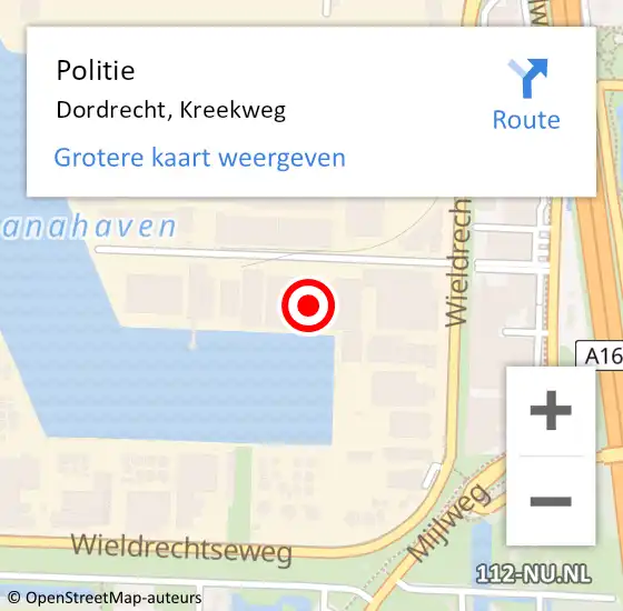 Locatie op kaart van de 112 melding: Politie Dordrecht, Kreekweg op 12 juni 2022 18:46