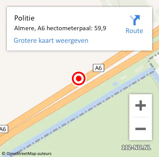 Locatie op kaart van de 112 melding: Politie Almere, A6 hectometerpaal: 59,9 op 12 juni 2022 22:58