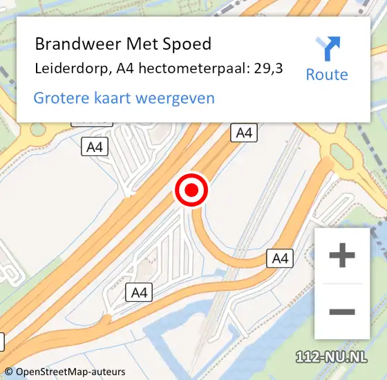 Locatie op kaart van de 112 melding: Brandweer Met Spoed Naar Leiderdorp, A4 hectometerpaal: 29,3 op 12 juni 2022 23:56