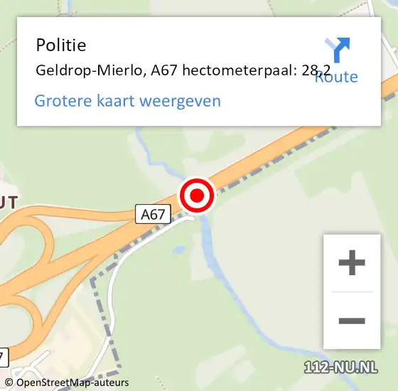 Locatie op kaart van de 112 melding: Politie Geldrop-Mierlo, A67 hectometerpaal: 28,2 op 13 juni 2022 01:52