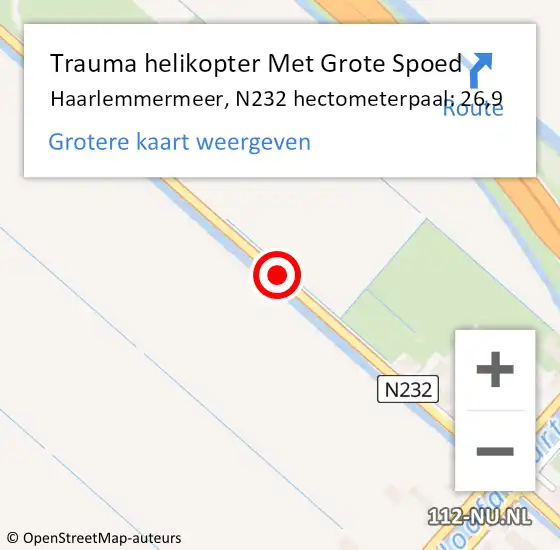 Locatie op kaart van de 112 melding: Trauma helikopter Met Grote Spoed Naar Haarlemmermeer, N232 hectometerpaal: 26,9 op 13 juni 2022 07:45