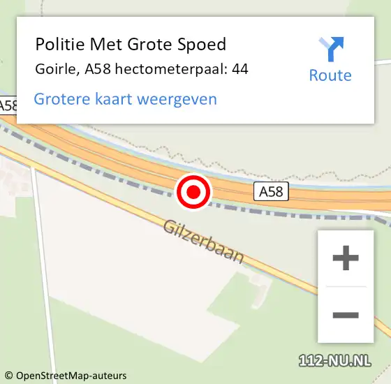 Locatie op kaart van de 112 melding: Politie Met Grote Spoed Naar Goirle, A58 hectometerpaal: 44 op 13 juni 2022 08:36