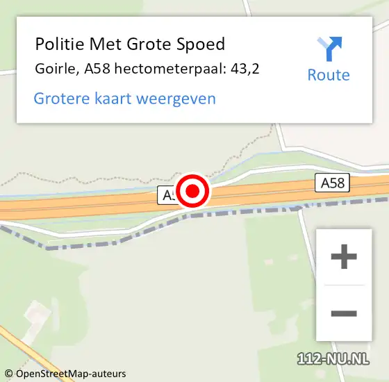 Locatie op kaart van de 112 melding: Politie Met Grote Spoed Naar Goirle, A58 hectometerpaal: 43,2 op 13 juni 2022 09:02