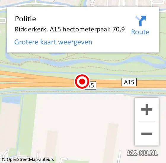 Locatie op kaart van de 112 melding: Politie Ridderkerk, A15 hectometerpaal: 70,9 op 13 juni 2022 10:07