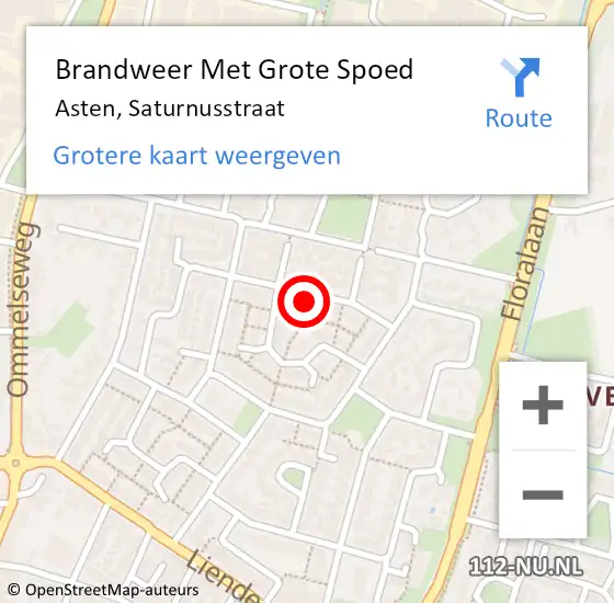 Locatie op kaart van de 112 melding: Brandweer Met Grote Spoed Naar Asten, Saturnusstraat op 13 juni 2022 10:20