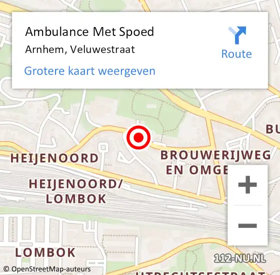 Locatie op kaart van de 112 melding: Ambulance Met Spoed Naar Arnhem, Veluwestraat op 13 juni 2022 10:35