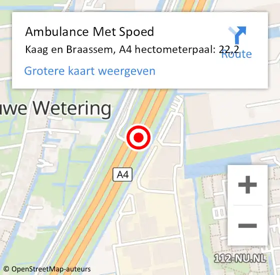 Locatie op kaart van de 112 melding: Ambulance Met Spoed Naar Kaag en Braassem, A4 hectometerpaal: 22,2 op 13 juni 2022 11:06