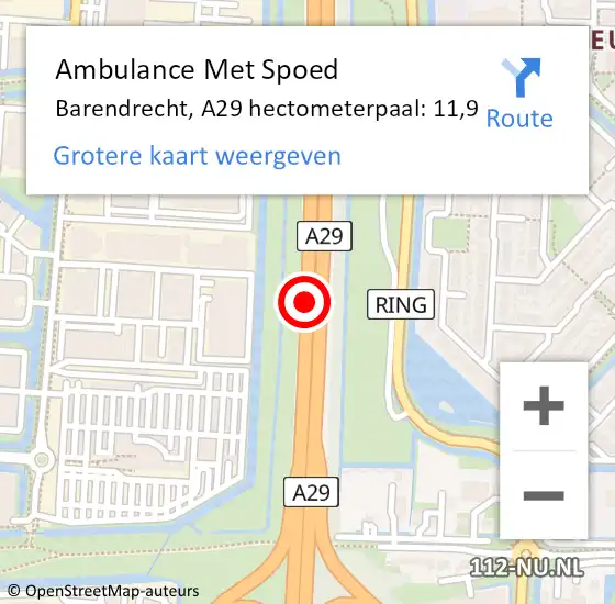 Locatie op kaart van de 112 melding: Ambulance Met Spoed Naar Barendrecht, A29 hectometerpaal: 11,9 op 13 juni 2022 13:07