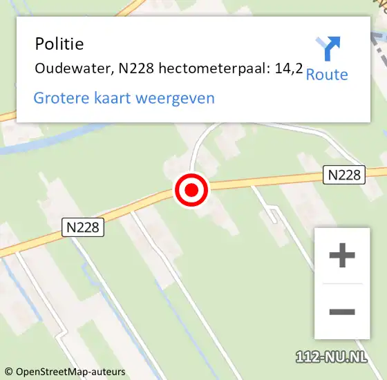 Locatie op kaart van de 112 melding: Politie Oudewater, N228 hectometerpaal: 14,2 op 13 juni 2022 13:10