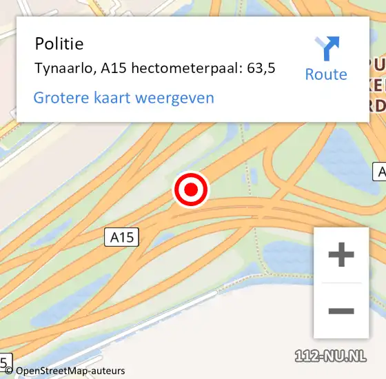 Locatie op kaart van de 112 melding: Politie Tynaarlo, A15 hectometerpaal: 63,5 op 13 juni 2022 14:16