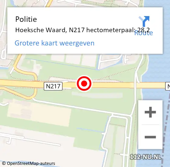 Locatie op kaart van de 112 melding: Politie Hoeksche Waard, N217 hectometerpaal: 28,2 op 13 juni 2022 14:44
