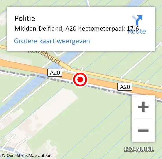 Locatie op kaart van de 112 melding: Politie Midden-Delfland, A20 hectometerpaal: 17,6 op 13 juni 2022 16:11