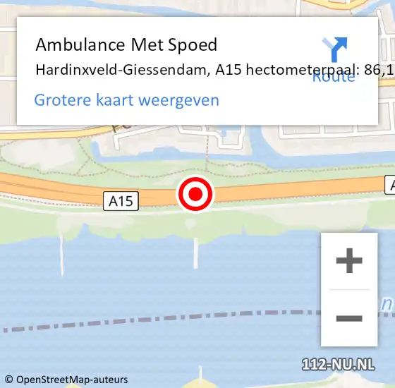 Locatie op kaart van de 112 melding: Ambulance Met Spoed Naar Hardinxveld-Giessendam, A15 hectometerpaal: 86,1 op 13 juni 2022 17:15