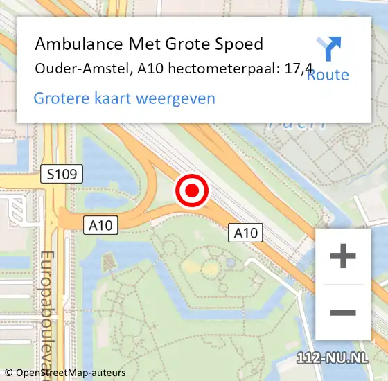Locatie op kaart van de 112 melding: Ambulance Met Grote Spoed Naar Amsterdam, A10 hectometerpaal: 17,4 op 13 juni 2022 17:20
