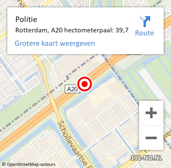 Locatie op kaart van de 112 melding: Politie Rotterdam, A20 hectometerpaal: 39,7 op 13 juni 2022 17:35