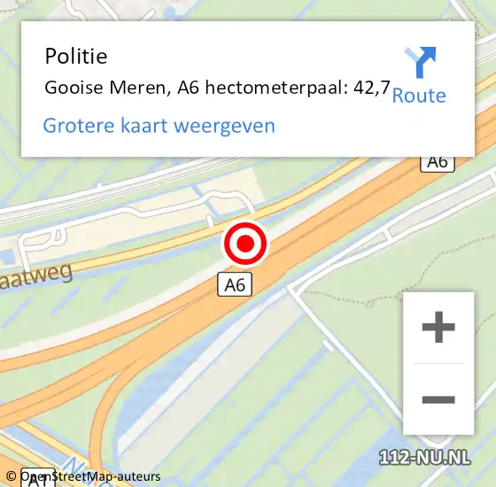 Locatie op kaart van de 112 melding: Politie Gooise Meren, A6 hectometerpaal: 42,7 op 13 juni 2022 19:23