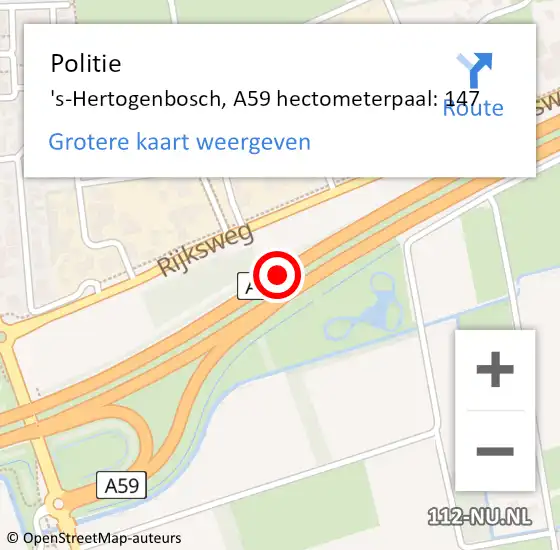Locatie op kaart van de 112 melding: Politie 's-Hertogenbosch, A59 hectometerpaal: 147 op 13 juni 2022 19:34