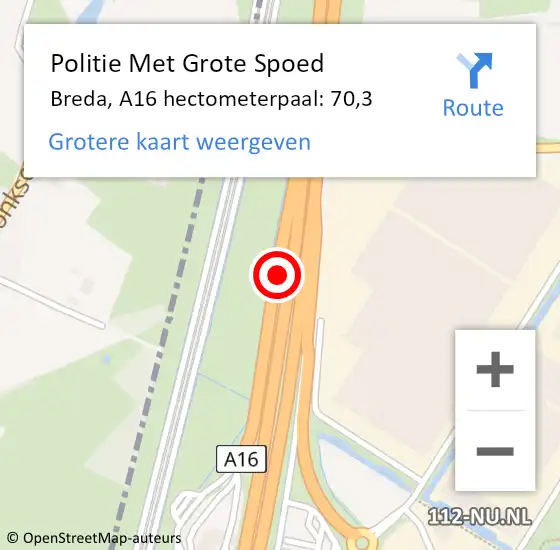 Locatie op kaart van de 112 melding: Politie Met Grote Spoed Naar Breda, A16 hectometerpaal: 70,3 op 14 juni 2022 01:00
