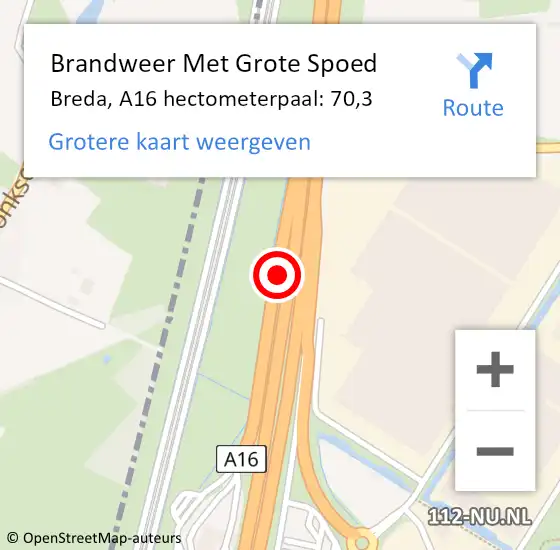 Locatie op kaart van de 112 melding: Brandweer Met Grote Spoed Naar Breda, A16 hectometerpaal: 70,3 op 14 juni 2022 01:02