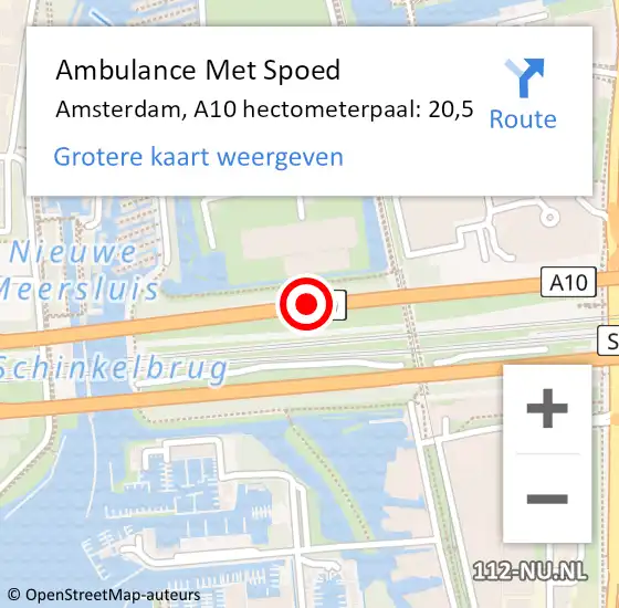 Locatie op kaart van de 112 melding: Ambulance Met Spoed Naar Amsterdam, A10 hectometerpaal: 20,5 op 14 juni 2022 04:05