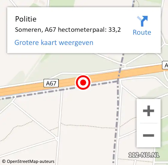 Locatie op kaart van de 112 melding: Politie Someren, A67 hectometerpaal: 33,2 op 14 juni 2022 07:29