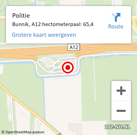 Locatie op kaart van de 112 melding: Politie Bunnik, A12 hectometerpaal: 65,4 op 14 juni 2022 07:31