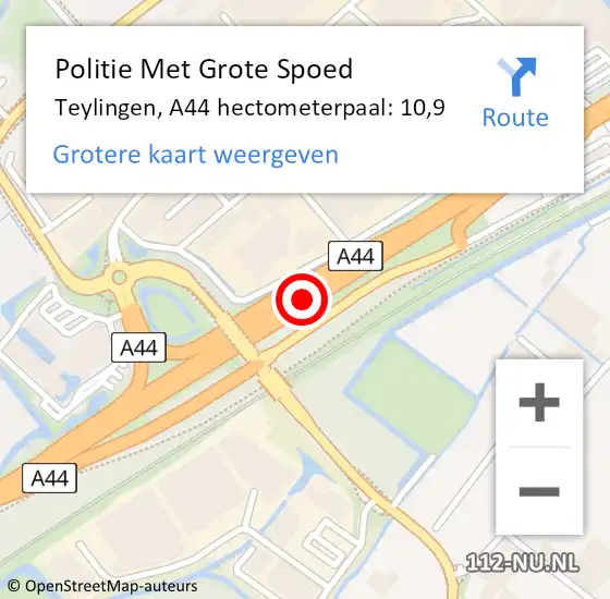 Locatie op kaart van de 112 melding: Politie Met Grote Spoed Naar Teylingen, A44 hectometerpaal: 10,9 op 14 juni 2022 07:43