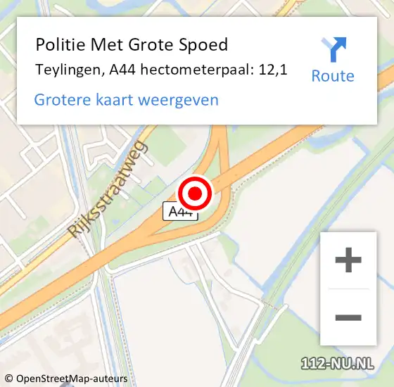 Locatie op kaart van de 112 melding: Politie Met Grote Spoed Naar Teylingen, A44 hectometerpaal: 12,1 op 14 juni 2022 07:45