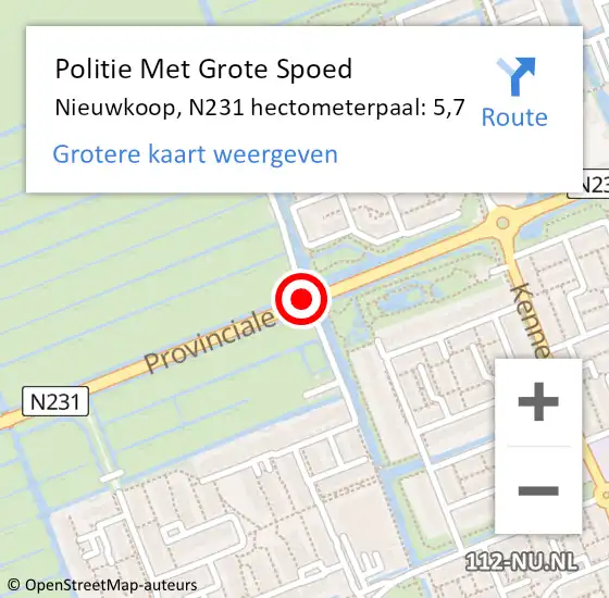 Locatie op kaart van de 112 melding: Politie Met Grote Spoed Naar Nieuwkoop, N231 hectometerpaal: 5,7 op 14 juni 2022 07:46